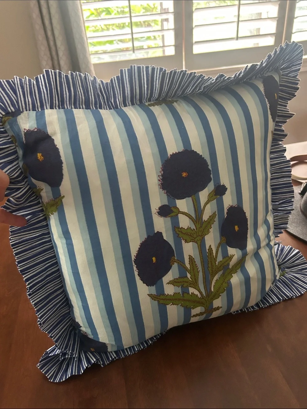 Blue Striped Floral Ruffle Throw Pillow